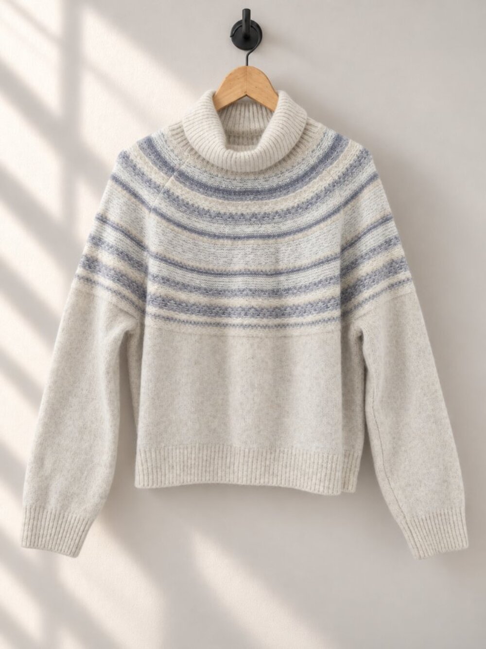 H&M L.O.G.G., Fair Isle Turtleneck Sweater, Cream & Grey, Wool Blend, Size S